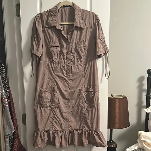 Stretchy Tan Midi Dress with Ruffle - Picture 1 of 5